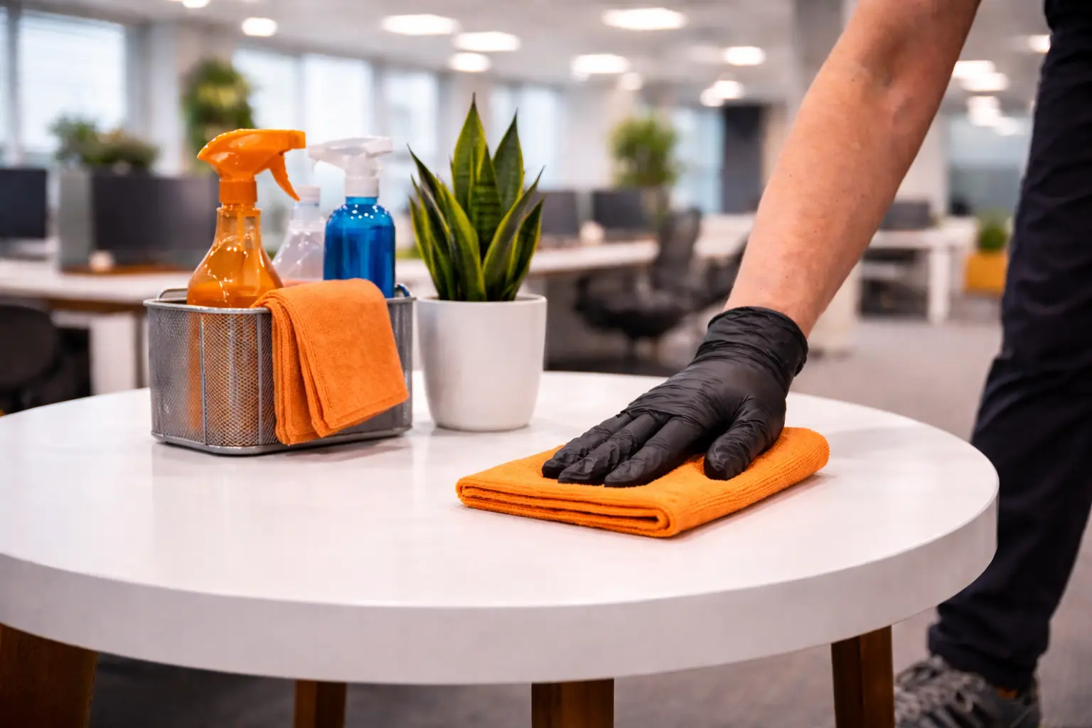 Professional cleaning of an office workspace