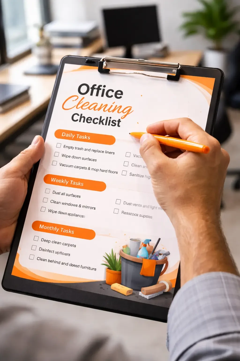 Office cleaning checklist in focus
