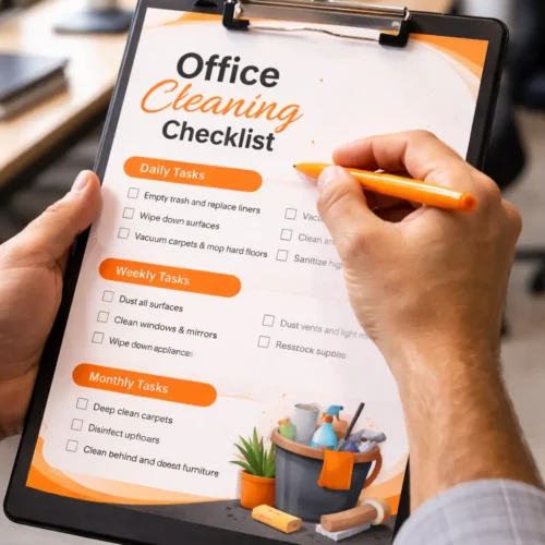 Office cleaning checklist in focus